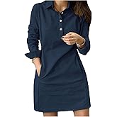 winkbay Women's Elegant Long Sleeve Mini Dress Fall Button Front Collared Work Office Dresses with Pockets
