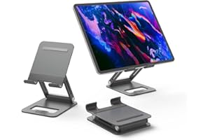 Minthouz Tablet Stand, Adjustable & Foldable Tablet Holder, Compact Aluminum Phone Stand with Anti-Slip Pads, Compatible with All 4.7-12.9 inches Mobile Phones/E-Readers/Tablets/Ultrabooks - Gray