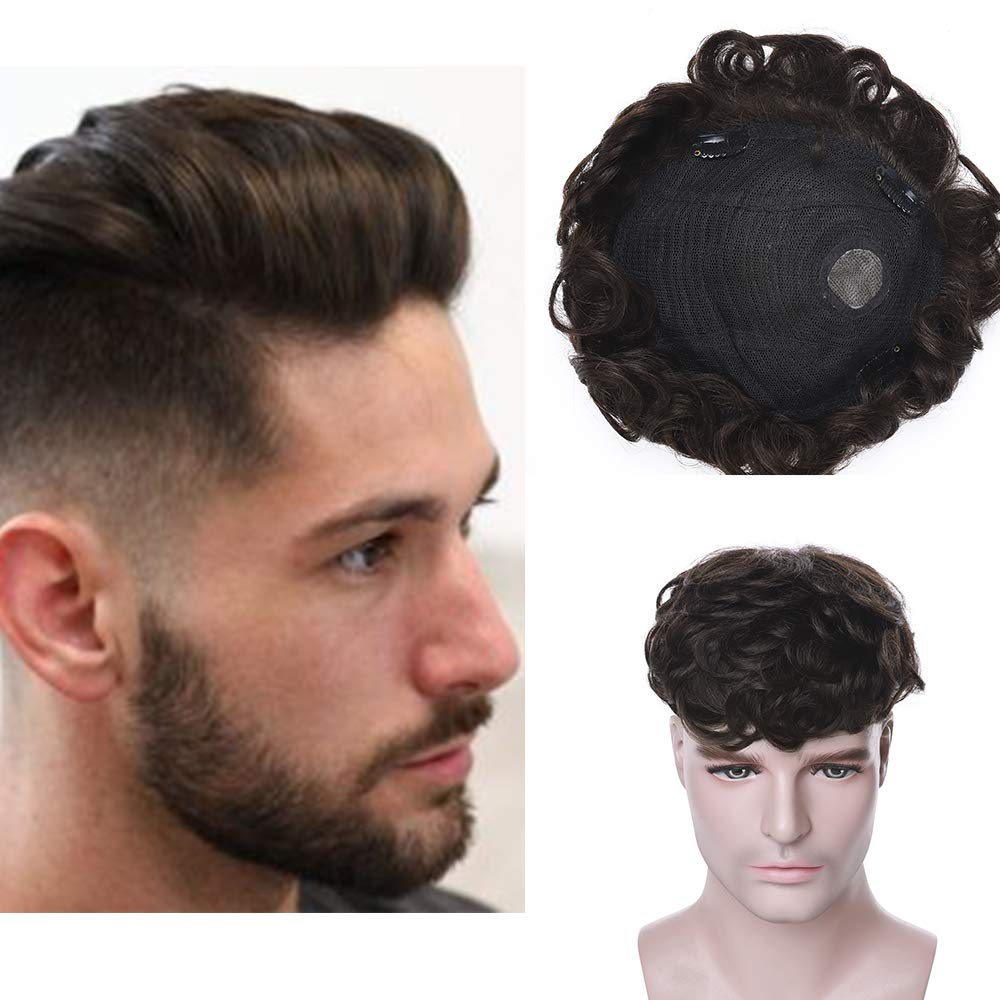 Silk-co Men's & Women's Toupee Clip in Hair Toppers For Thinning Hair, Real Human Hair Top, 4inch Natural Curly, Dark Brown