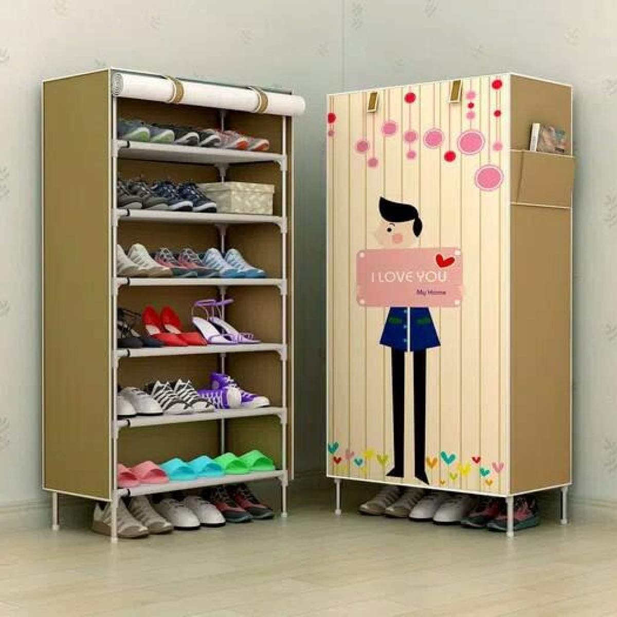 Zizer Multipurpose Portable Folding Shoes Rack 6"//9" Tiers Multi-Purpose Shoe Storage Organizer Cabinet Tower with Iron and Nonwoven Fabric with Zippered Dustproof Cover (Boy)