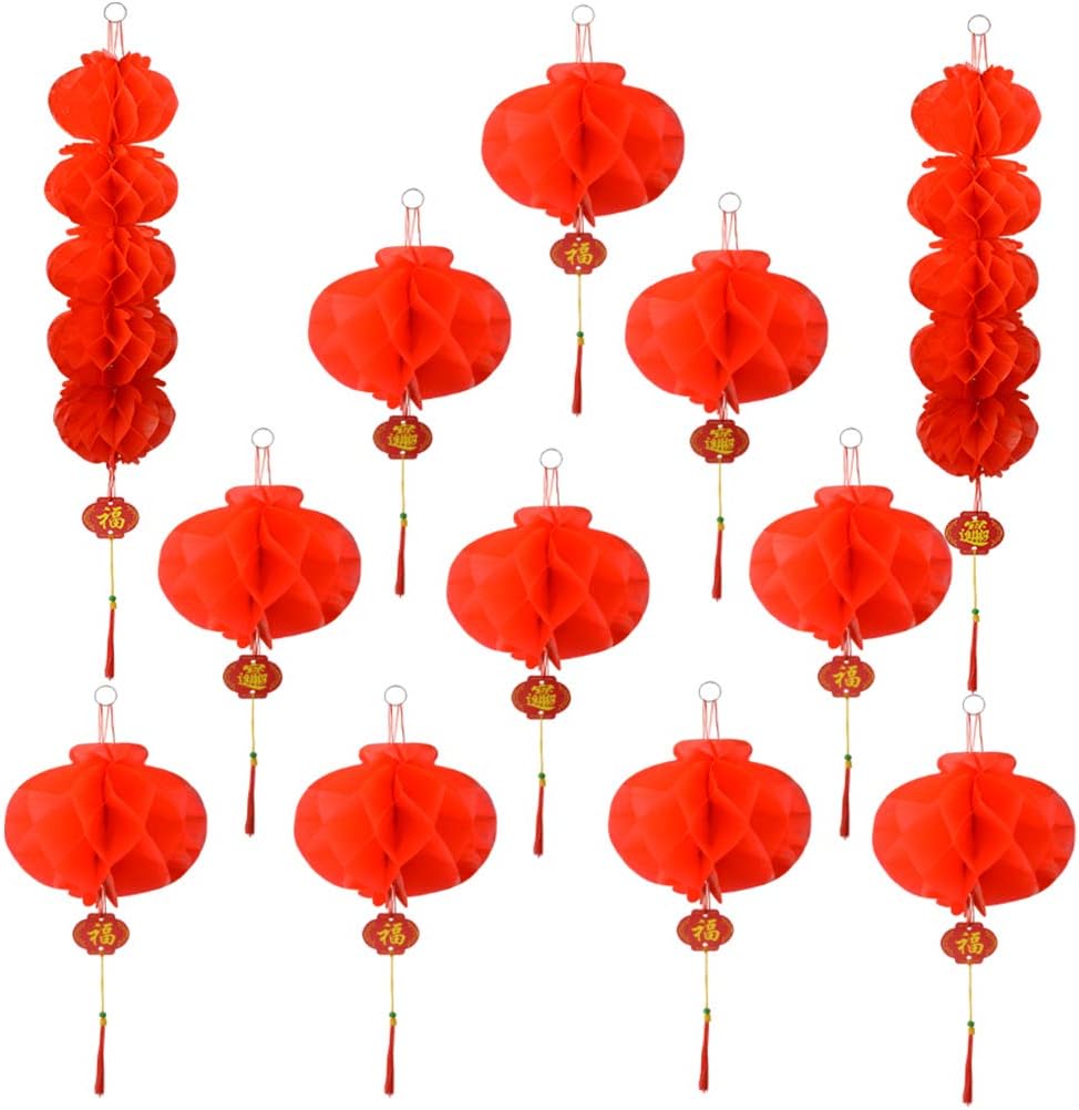 12 Packs Chinese Festival Paper Lanterns, Fengek 10 Pcs 9 Inch Single String Red Paper Lantern with 2 Pcs 6.3 Inch 5 Strings Lanterns for Chinese New Year