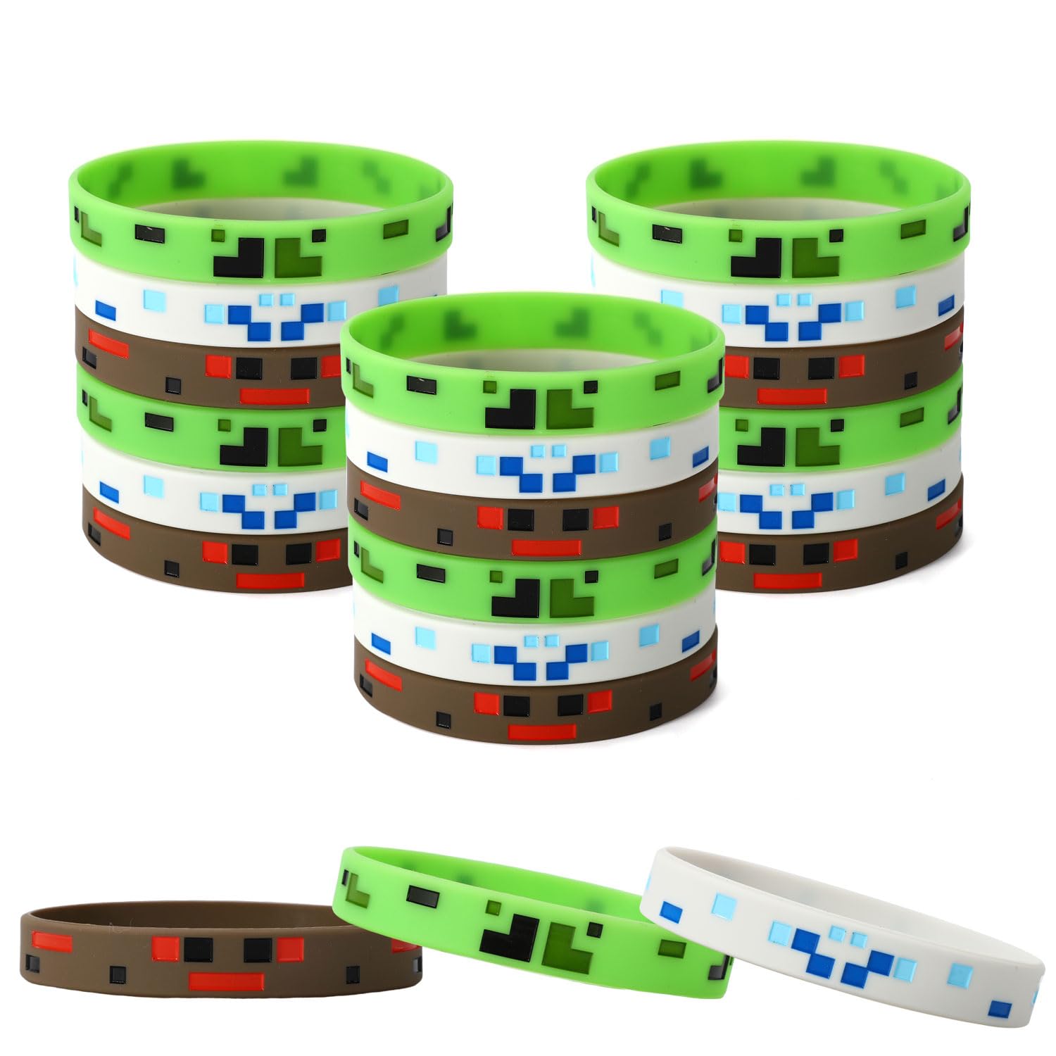 Photo 1 of 24pcs Pixel Silicone Bracelets, 3 Styles Pixel Themed Birthday Party Favors Mining Wristbands for Kids Teens Game Party Decorations Goodie Bag Supplies