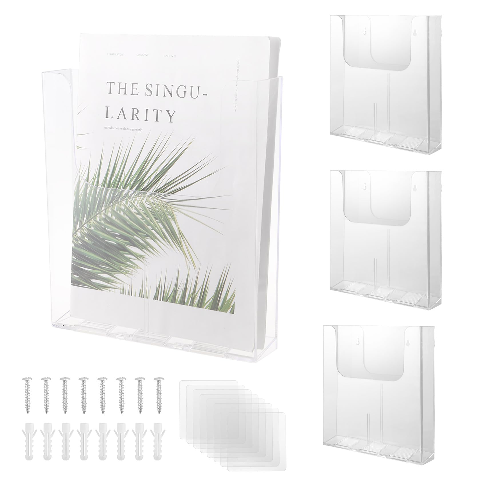 Juwacoo 4Pcs Acrylic A4 Wall Mounted Document Holder, Magazine File Holder, Acrylic Magazine Organizer with Screws and Expansion Tubes, Leaflet Holder Hanging Wall File Organizer Document Folder Stand