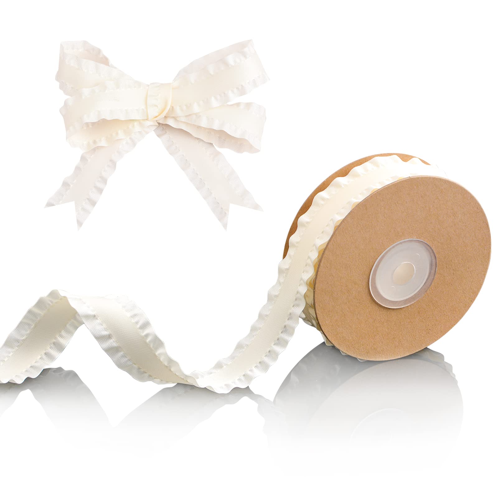 URROMA Beige Ruffled Satin Ribbon, 10 Yards Double Face Satin Ribbon Silk ribbon with ruffle for Gift Wrapping DIY Crafts for Home Decor, 0.86in