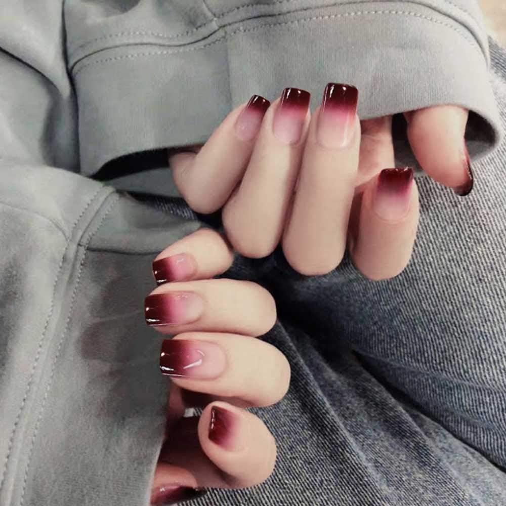 Poliphili 24Pcs Press On Glossy Chic Pink Red Gradient Medium Square False Nails Full Cover Artificial Acrylic Fake Nails