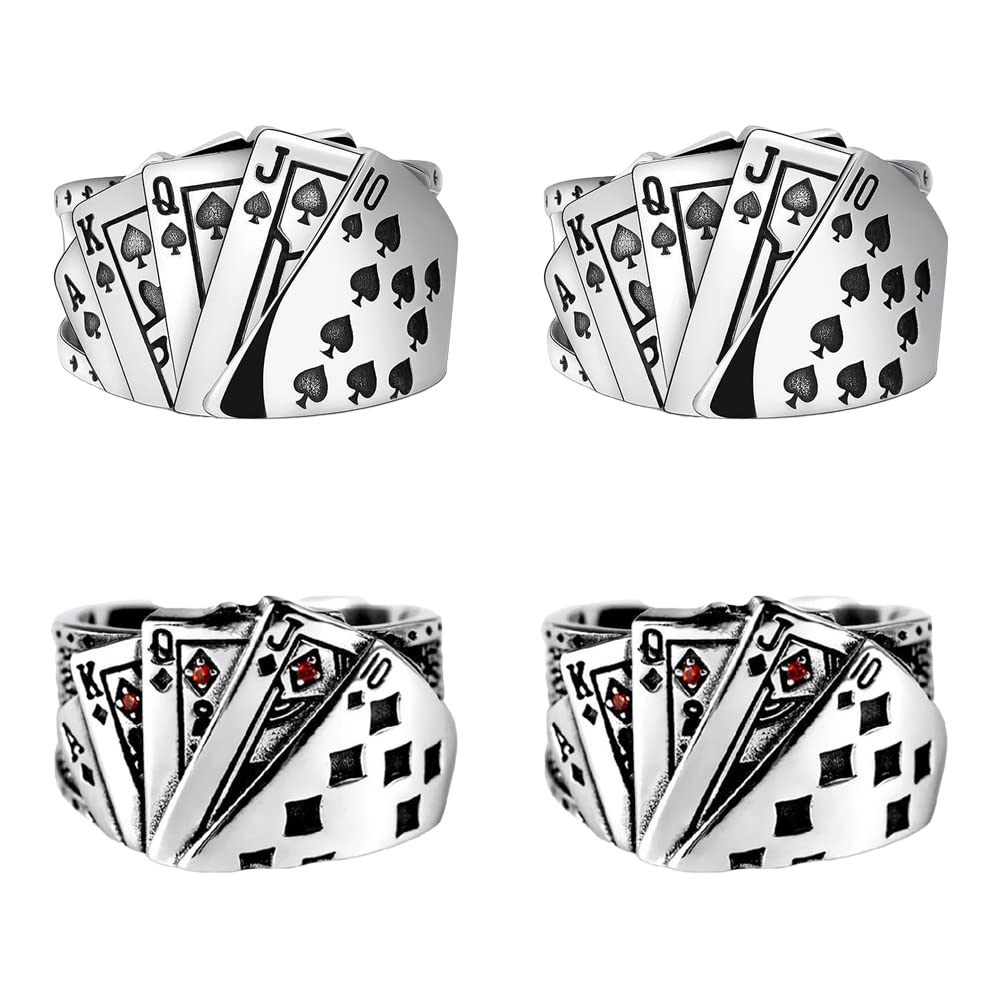 Liitata 4 Pcs Vintage Poker Card Rings Punk Poker Rings Gothic Chunky Opening Knuckle Rings Statement Band Ring for Women Men Halloween Cosplay Party Costume Accessories- Hearts Spades Silver