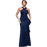 Xscape Womens Techno Scuba Criss Cross Halter Neck Ruffle Floor Length Dress (Petite)