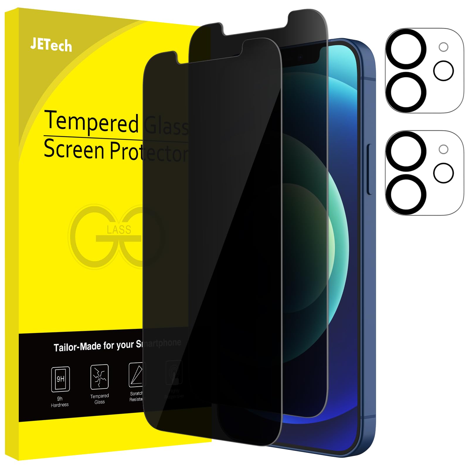 Photo 1 of JETech Privacy Screen Protector for iPhone 12 6.1-Inch with Camera Lens Protector, Anti Spy Tempered Glass Film, 2-Pack Each