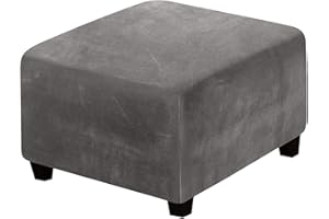 ADPON Square Velvet Ottoman Covers Ottoman Slipcover Square Footstool Protector Covers Storage Stool Ottoman Covers Stretch with Elastic Bottom (Medium,Grey)