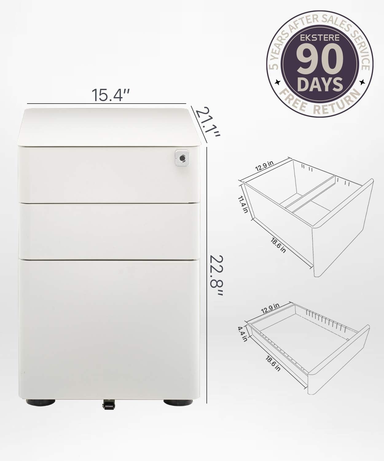 EKSTERE 3 Drawers Mobile File Cabinet Filing Pedestal with Fingerprint Lock System Under Desk White : Office Products