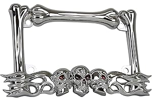 TC Sportline LPF260-C 3D Skull Flames and Bones Style Zinc Metal Chrome Finished Motorcycle License Plate Frame