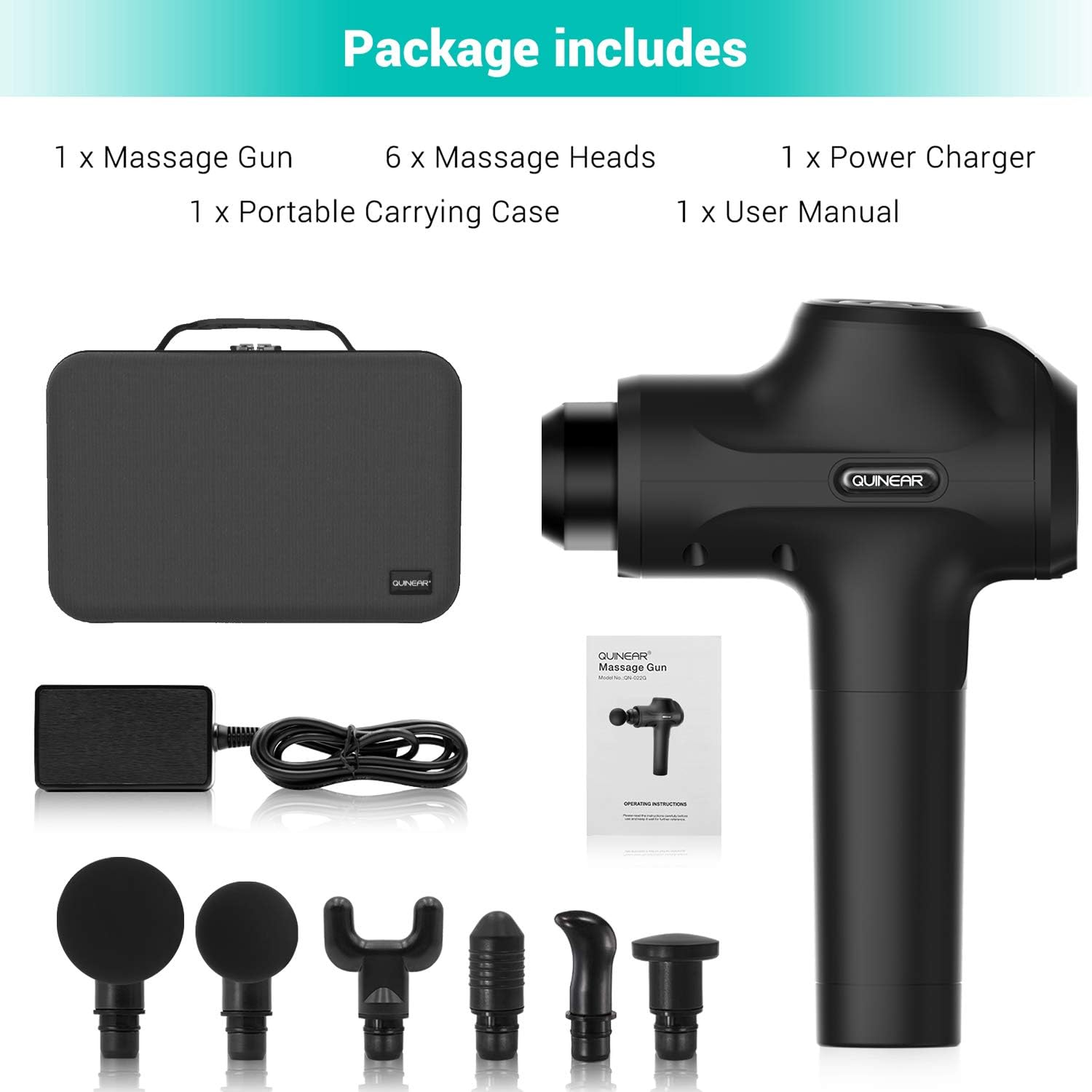 QUINEAR Massage Gun Deep Tissue Percussion Massager for Muscle Relaxation and Neck Back Soreness Pain Relief - 6 Massage Heads and 20 Speed: Health & Personal Care
