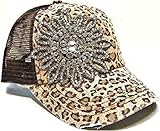Womens Olive & Pique Large Rhinestone Flower Cheetah Print Trucker Cap