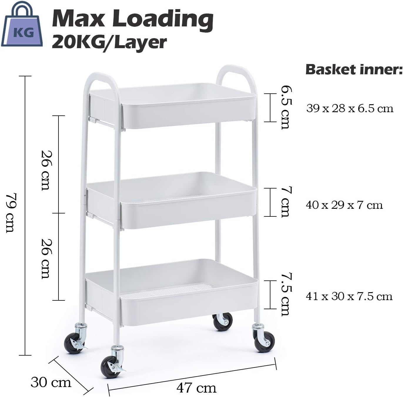 TOOLF 3 Tier Rolling Cart, No Screw Metal Utility Cart, Easy Assemble Utility Serving Cart, Sturdy Storage Trolley with Handles, Locking Wheels, for Classroom Office Home Bedroom Bathroom, White : Office Products