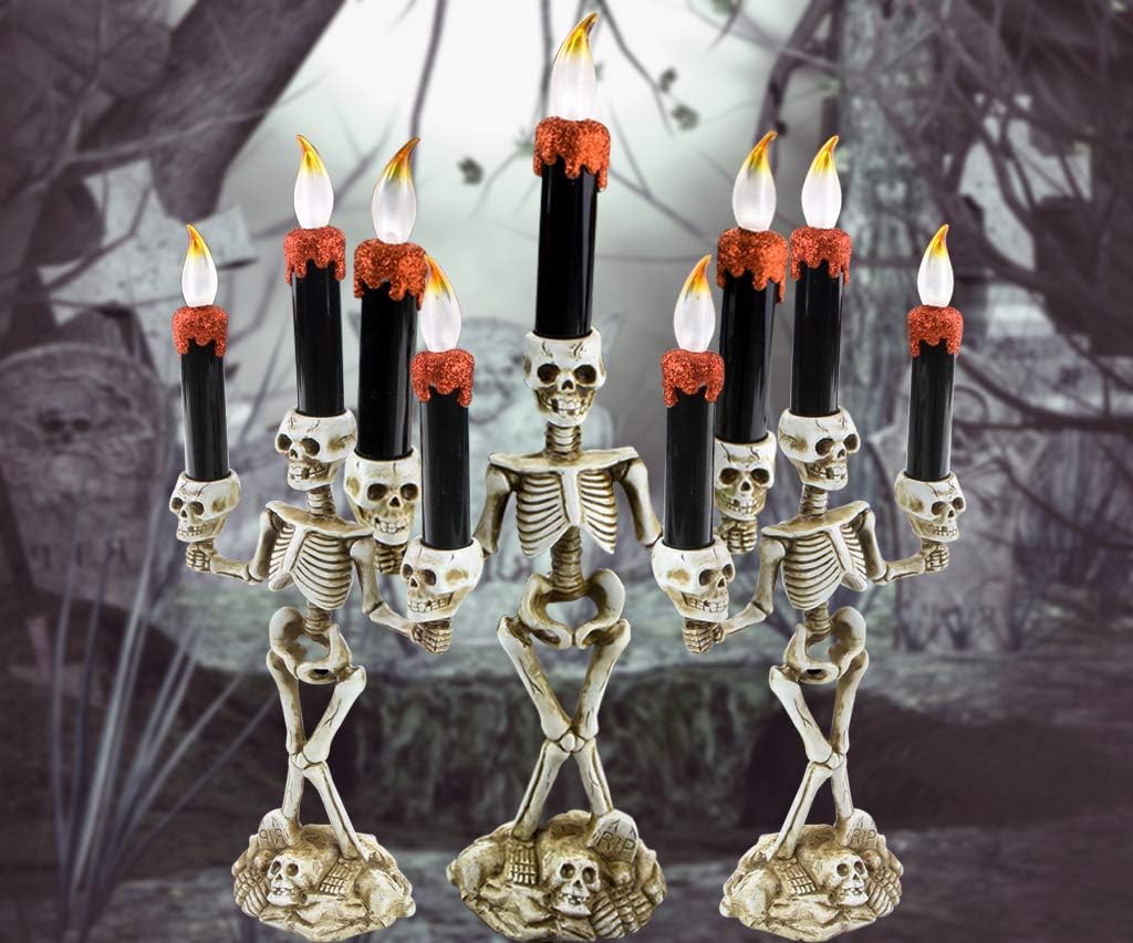 AIPINQI Halloween Candelabra Holder, Halloween Candles Holder with LED Flame Skull Carvings Halloween Decorations for Party, Indoor and Outdoor, 17x6.7in/36x17cm, Red: Home & Kitchen