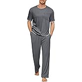 Andeip Mens Pajamas Set Waffle Crew Neck Loungewear Cozy Sleepwear Short Sleeve Top and Long Pants Pj Set with Pockets