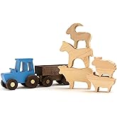 BUSY PUZZLE Wooden Tractor Toy with Trailer and Farm Animals, Natural Solid Wood Push Vehicle for Toddlers, Birthday Gift, Montessori Farm Play Set
