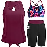 Daci Women 3 Piece Tankini Swimsuits - Athletic Swim Tank Top with Bra Bathing Suit with Shorts Modest Swimwear 2025