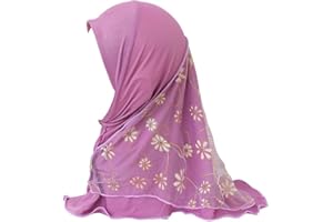 NICEYST Girls Ice Silk Muslim Khimar Hijab Headscarf Flower Arab Scarf Shawls Neck Wrap Islamic Head Wrap for Age 2-7 Years