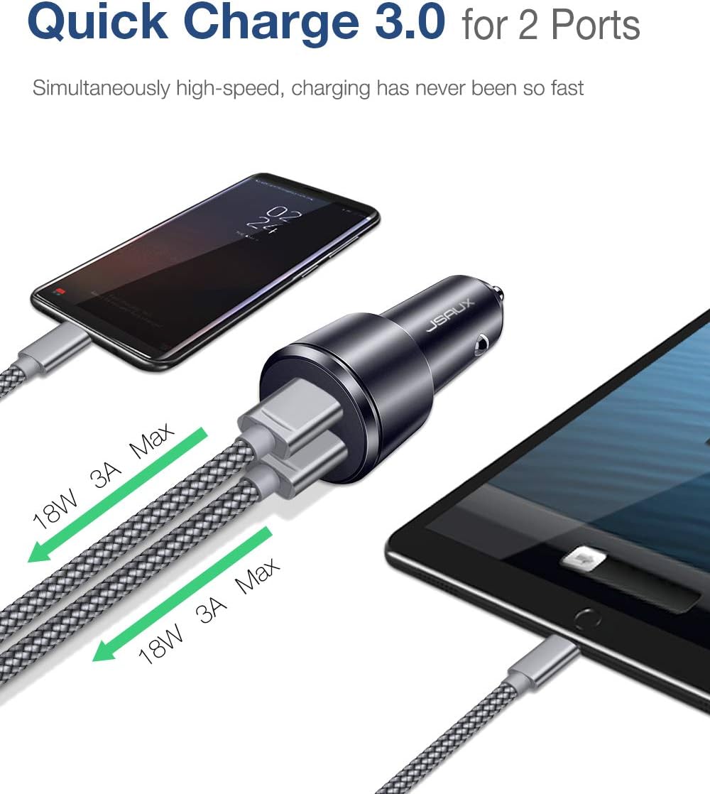 Car Charger, JSAUX Quick Charge 3.0 3A Dual USB Ports 36W Fast Car Adapter Metal Compatible with Samsung Galaxy S10 S9 S8 S20 Plus Note 10 9 8 S7, iPhone Xs Max XR X 8 7 6, iPad, LG G6 V20, Moto Black