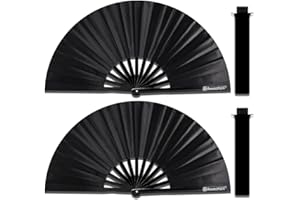 Raveahem 2 Pack Large Folding Hand Fans, Bamboo Handheld Rave Fan Wedding Fan Bamboo Frame Thickened Smooth Fabric for Cooling Decoration Women Men Gril Boy Gift, 13.8" Black