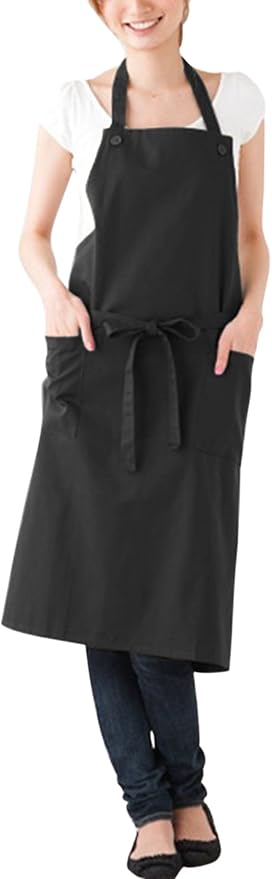 Amazon シンプルエプロン 無地 おしゃれ 男女共用 ワーキングウエア かわいい 大きいサイズ 首かけエプロン シワになりにくい ボタンタイプ 割烹着 ブラック エプロン オンライン通販