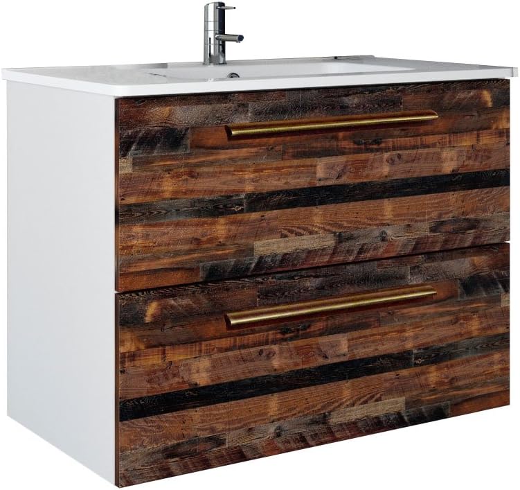 Randalco 32" Maine Modern Bathroom Vanity Cabinet Set | 32 x 24 x 18 Inch Vanity Cabinet + Ceramic Top + Mirror | Cognac Wood Looking Finish