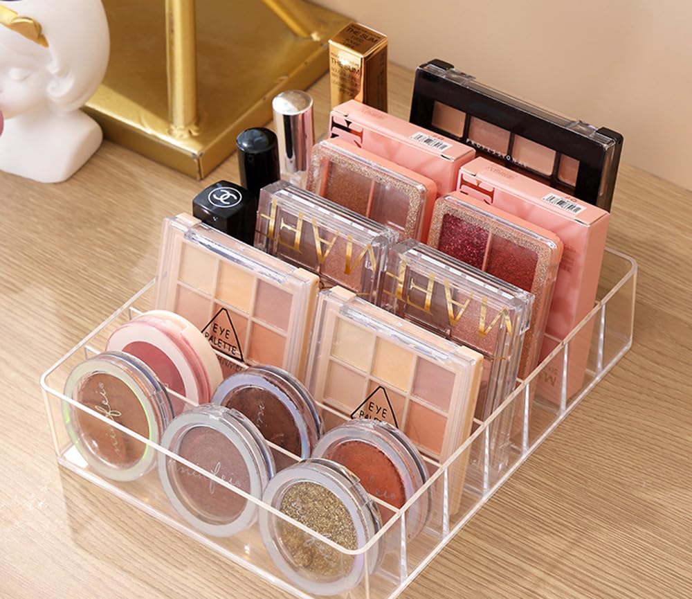 Katmerio Dressing Table Organiser, 7 Compartment Makeup Palette Organiser for Eyeshadow, Lipstick, Compact Blush (Transparent)