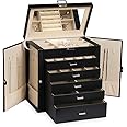 Frebeauty Large Jewelry Box,6-Tier PU Leather Jewelry Organizer,Multi-functional Storage Case with Mirror,Accessories Holder with 5 Drawers for Necklace Bracelets Watches(Black)