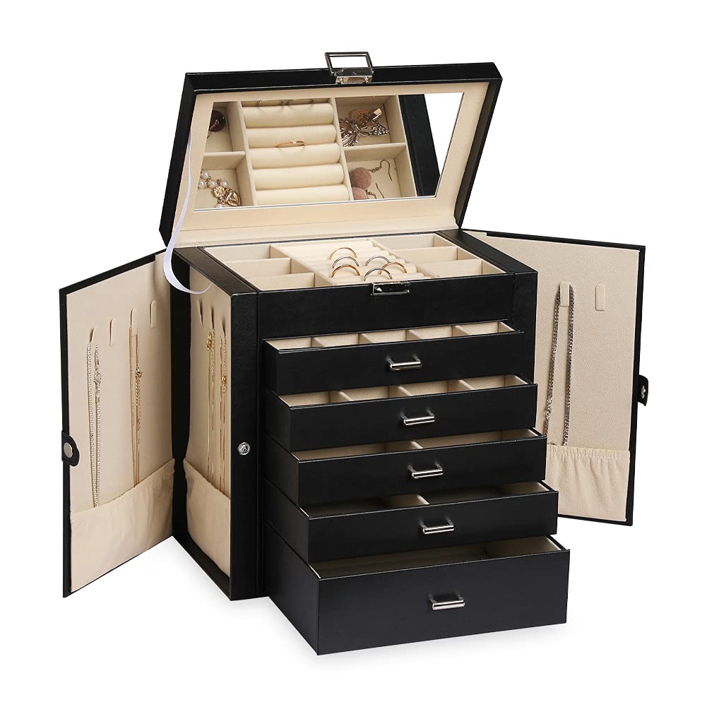 Frebeauty Frebeauty Large Jewelry Box,6-Tier PU Leather Jewelry Organizer,Multi-functional Storage Case with Mirror,Accessories Holder with 5 Drawers for Necklace Bracelets Watches(Black)