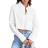 INFITTY Button Down Shirts for Women Long Sleeve Casual Crop Tops Solid Lapel Blouse Shirt with Pocket