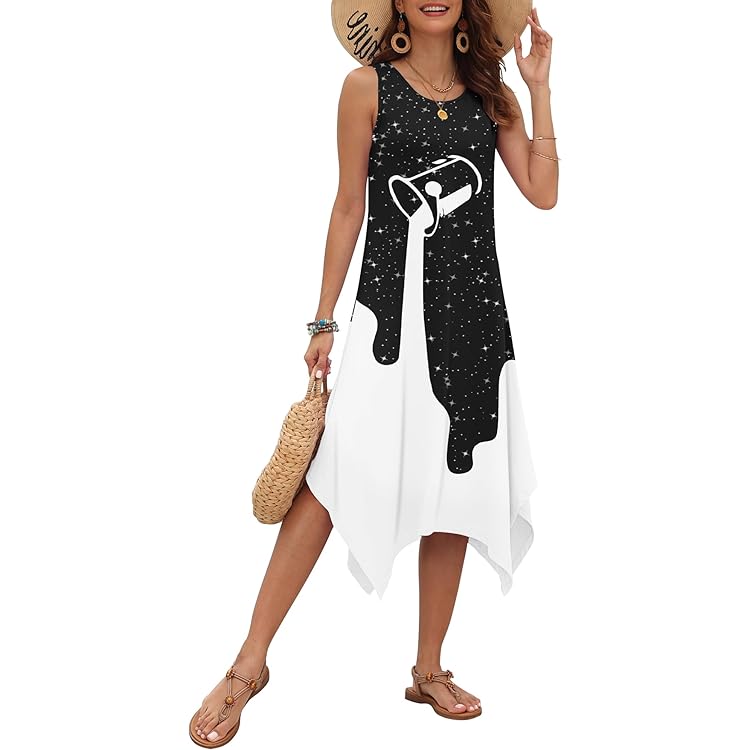 HOTOUCH Women's Casual Summer Dress Sleeveless Sundress Hankerchief Hem Midi Tank Dresses Beach Dress With Pockets 122495