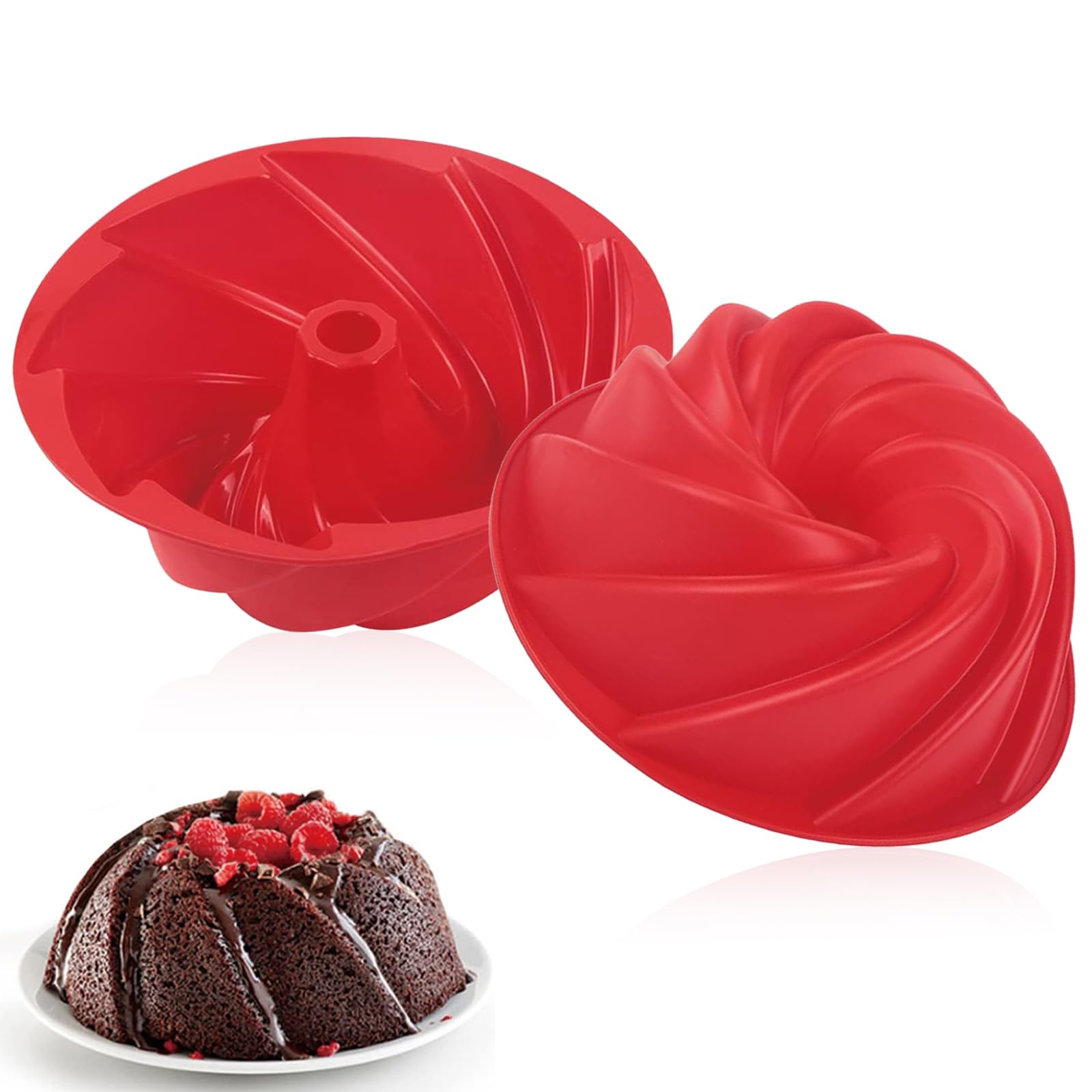NCOALE Silicone Fluted Cake Pans, 9 Inches Fluted Spiral Cake Mould Nonstick Cake Pan, Silicone Baking Cake Mould Fluted Round Cake Tin for Donut Muffin Cake Cookie Pudding Baking, Red