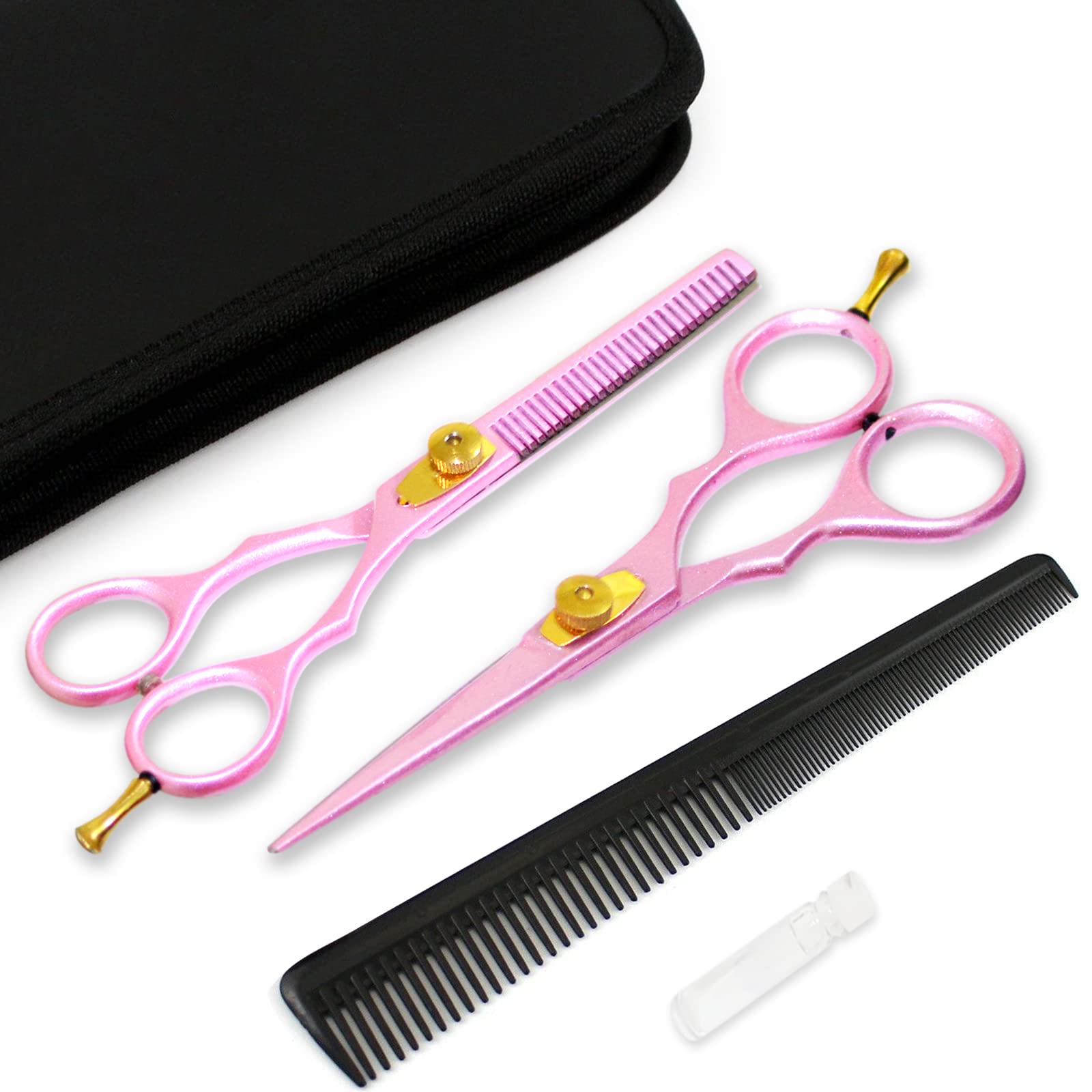 YNR Professional Hairdressing Scissors Set - Hair Cutting Scissor, Thinning Scissor Comb with Case, Durable Coating with Modern Design, Perfect for Men, Women, Children & Adults | Pink (5.5 Inch)