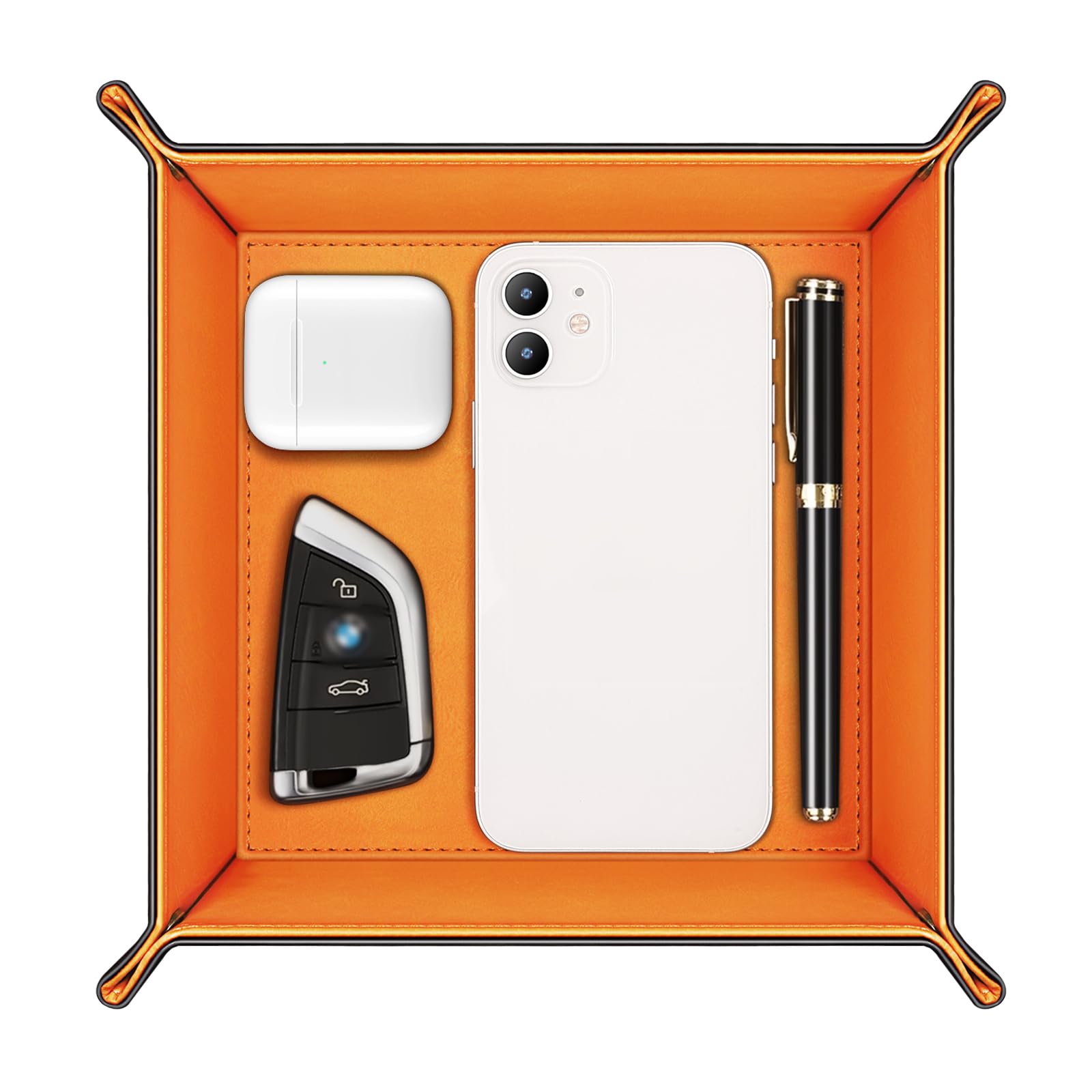 SITHON Valet Tray, Premium PU Leather Desktop Storage Organizer for Remote, Keys, Phone, Wallet, Jewelry, and More – Nightstand & Vanity Caddy (Black/Orange)
