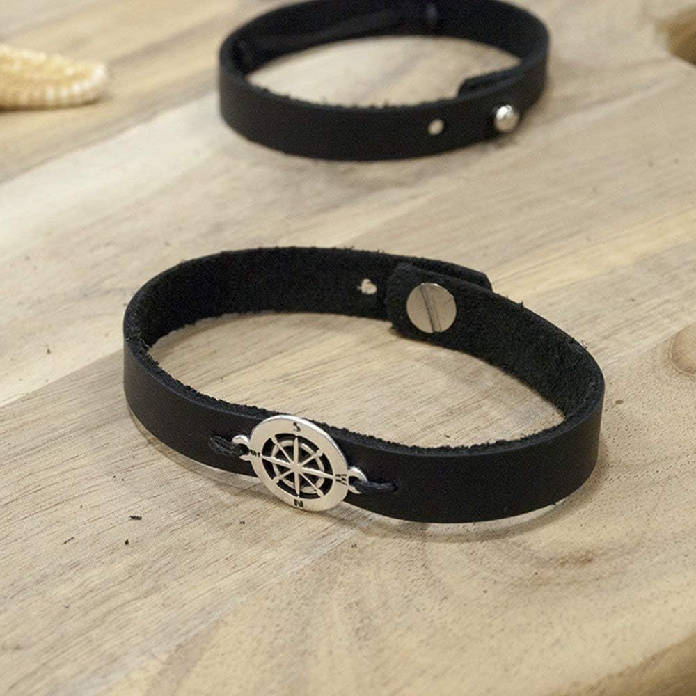 Mens Black Leather Compass Charm Bracelet