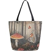 Fashion Extra Large Shoulder Grocery Tote Bag, Vintage Forest Mushroom Moth Canvas Daily Handle Bag for Gym Yoga Weekender Beach Travel Picnic Kitchen Reusable Market Shopping