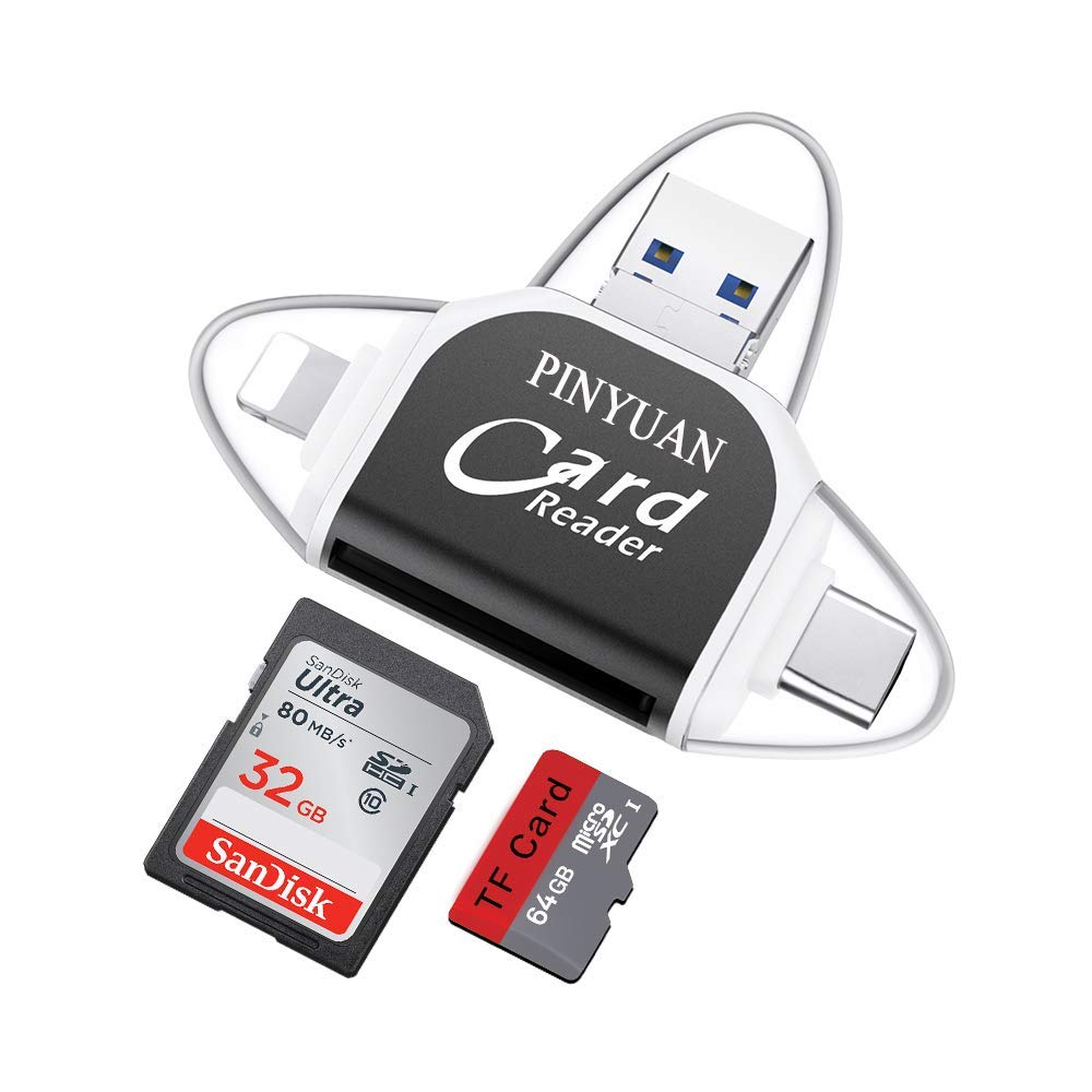 SD Card Reader,Memory Micro SD Card Reader USB Type C Adapter Viewer Compatible with iPhone iPad Android Mac - with 8pin Micro USB Type C 4 in 3