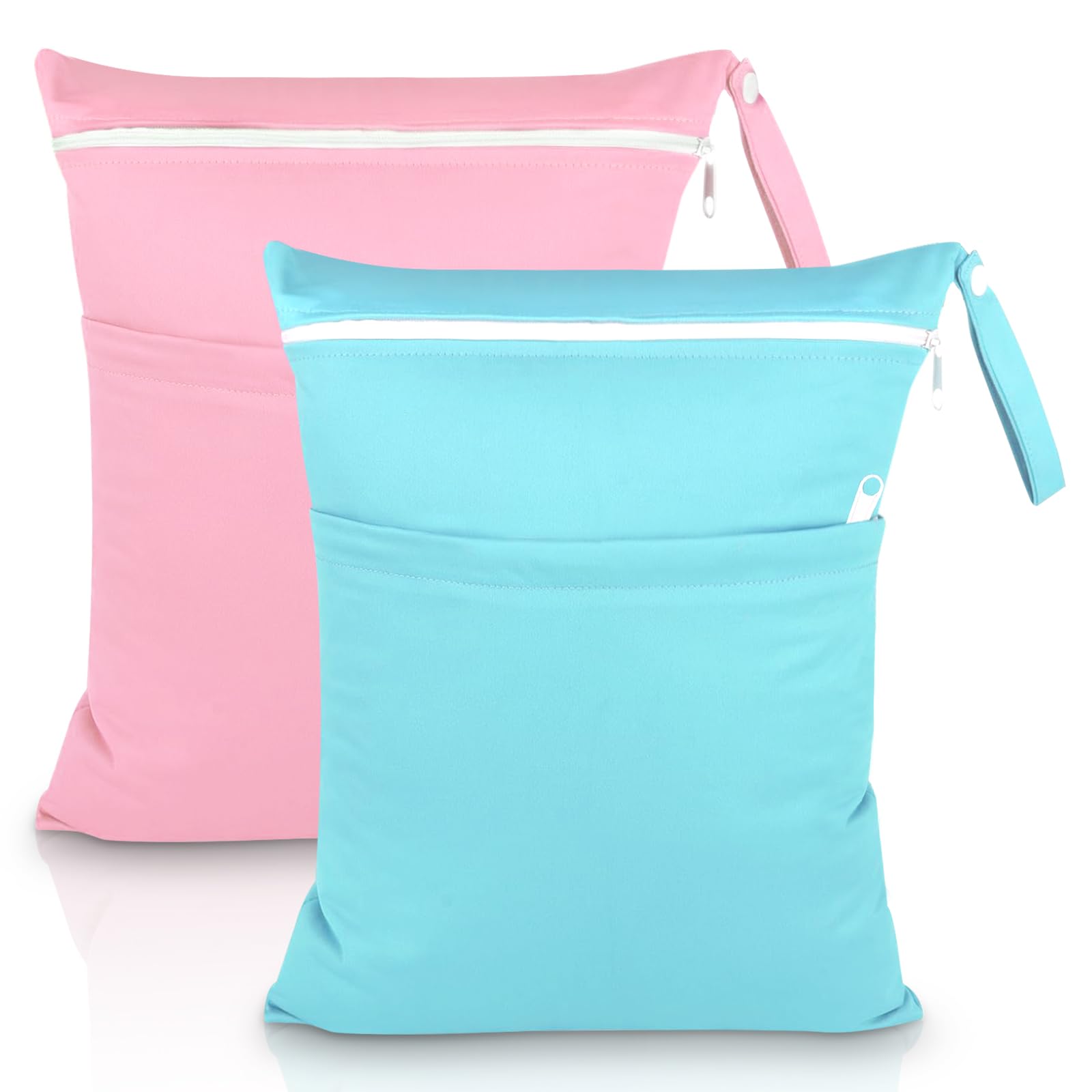 SLETIE 2 Packs Wet Bag, Waterproof Wet Dry Bags, Reusable Washable Cloth Diaper Bags, Nappy Bag with Double Zipper Pockets for Baby Items Swimming Camping Travel Beach Pool Bag (Pink+Blue)