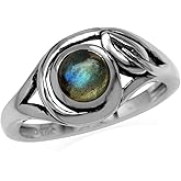 Silvershake 6mm Round Shape Labradorite 925 Sterling Silver Leaf Vintage Inspired Ring