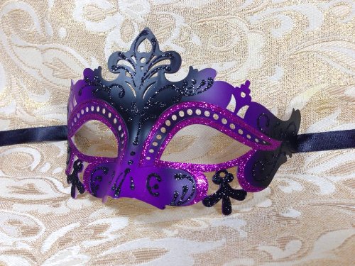 Venetian Impression Purple and Black Swan Laser Cut Masquerade Mask - Vibrantly Decorated with Glitter