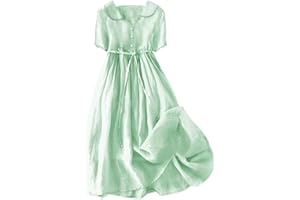 ZWRXW Cotton Linen Dresses for Women 2024 Vintage Short Sleeve Flowy Beach Dress Collar V Neck Button Down Pleated Midi Dress