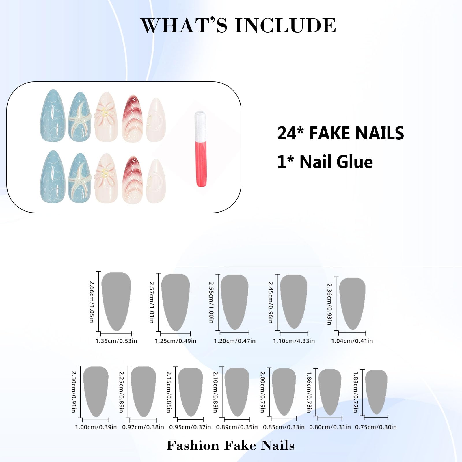 IMRAIN Almond Press on Nails Medium Fake Nails with Shell Design 3D Sea Star Blue False Nails Glossy Full Cover Acrylic Spring Summer Glue Stick on Nails for Women Girls DIY Manicure 24Pcs - Image 5