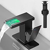 Hoimpro LED Waterfall Bathroom Faucet Matte Black, Single Handle Bathroom Sink Faucet 1 Hole, 3 Colors Light Changing vanity faucet, with Pop-up Drain and cUPC Supply Lines, Stainless Steel