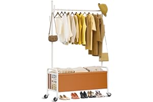 FLOUREE Clothes Rack with Wheels & Storage Basket, Heavy Duty Rolling Clothing Rack with Hooks for Hanging Clothes,Coats, Dresses, Hats for Bedroom, Closet, Living Room, Hallway, Entryway (80cm)