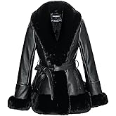 GRAN ORIENTE Women's Faux Leather Jacket with Faux Fur Collar, Winter Long Sleeve Furry Trim Peplum Parka Coat with Belt