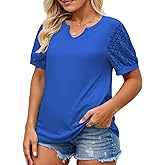 VISILILY Plus-Size-Womens-Summer-Tops 2025 Trendy Notch V Neck T Shirts Cute Lace Short Sleeve Tunics Casual Blouses XL-5XL