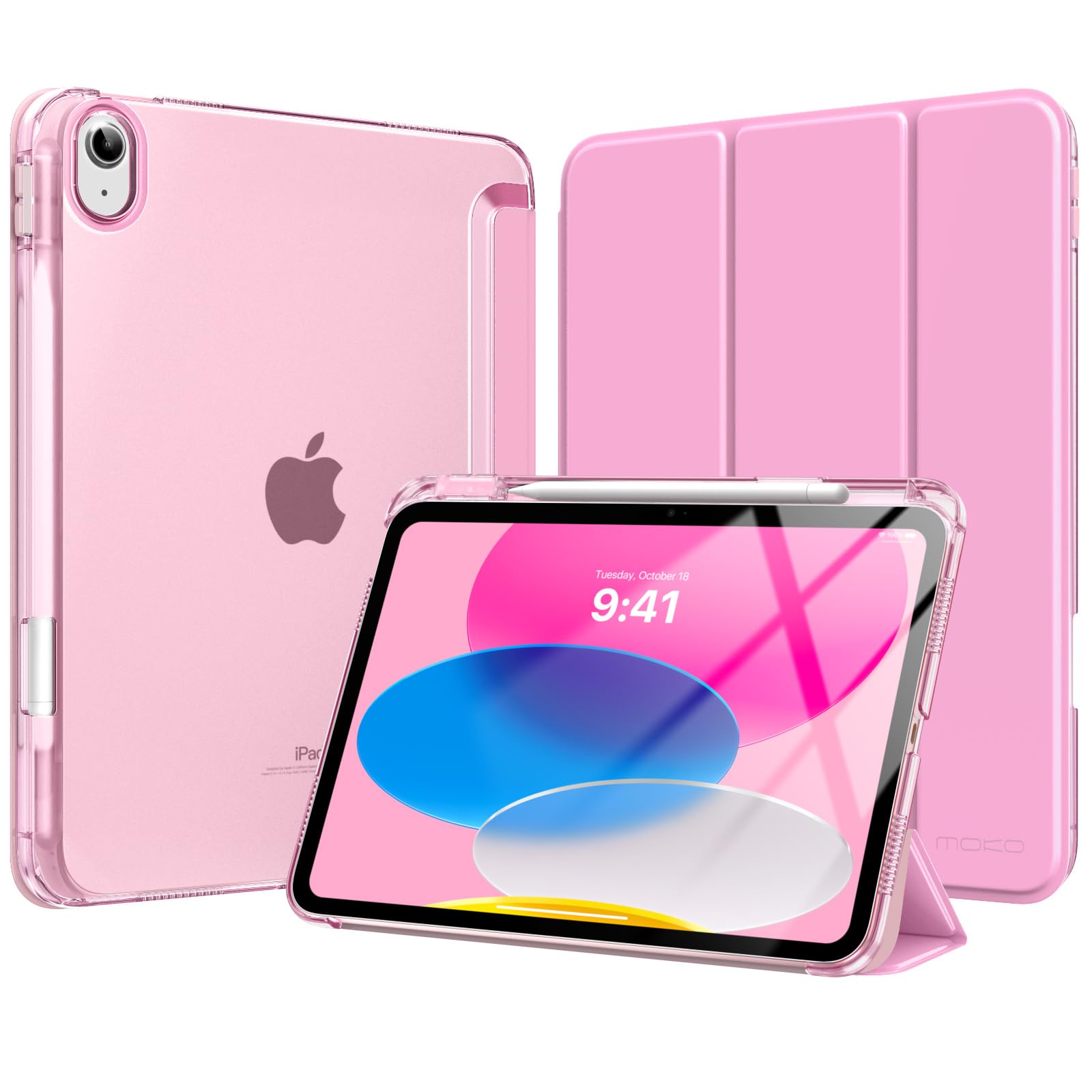 Photo 1 of MoKo for iPad (A16) 11th Generation Case 11 Inch 2025, iPad 10th Generation Case 10.9 Inch 2022 with Pencil Holder, Slim Light Trifold Protective Cover with Hard PC Translucent Back Shell, Pink