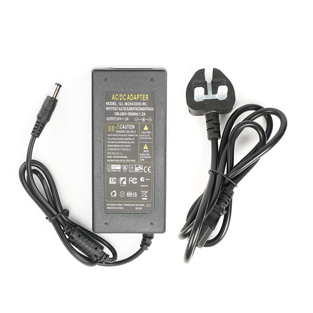 Power Supply 24V 2A, AC100-240V to DC24V 48W Power Adapter Charger Transformers,UK Plug with 5.5mm x 2.1mm Jack for LED Strip,Rope Light,Wireless Router,ADSL Cats,LCD Monitor