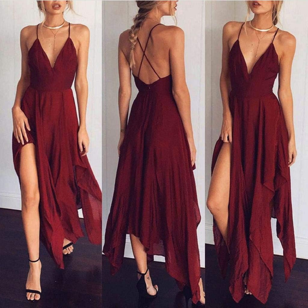 KASAAS Boho Deep V-Neck Dress for Women High Slit Solid Long Evening Party Cocktail Sleeveless Beach Dresses at  Women’s Clothing store
